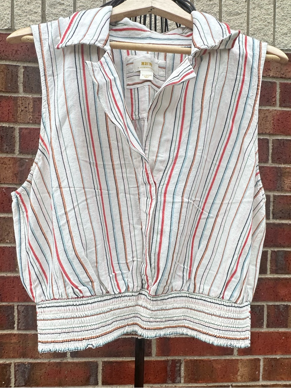 Maeve Anthropologie Linen Blend Striped Sleeveless Blouse Collared Top 53% Linen